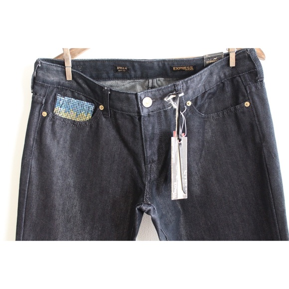 Express NWT Stella Low Rise Bootcut Sequin Embellished Dark Wash Jeans 10 30 - Picture 2 of 9